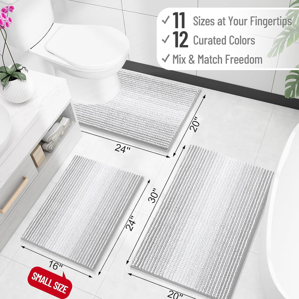 Bathroom Rugs 30x20, Soft Chenille Striped Bath Rugs, Light Grey | Extra Absorbent, Rubber Backing, Machine Wash Dry