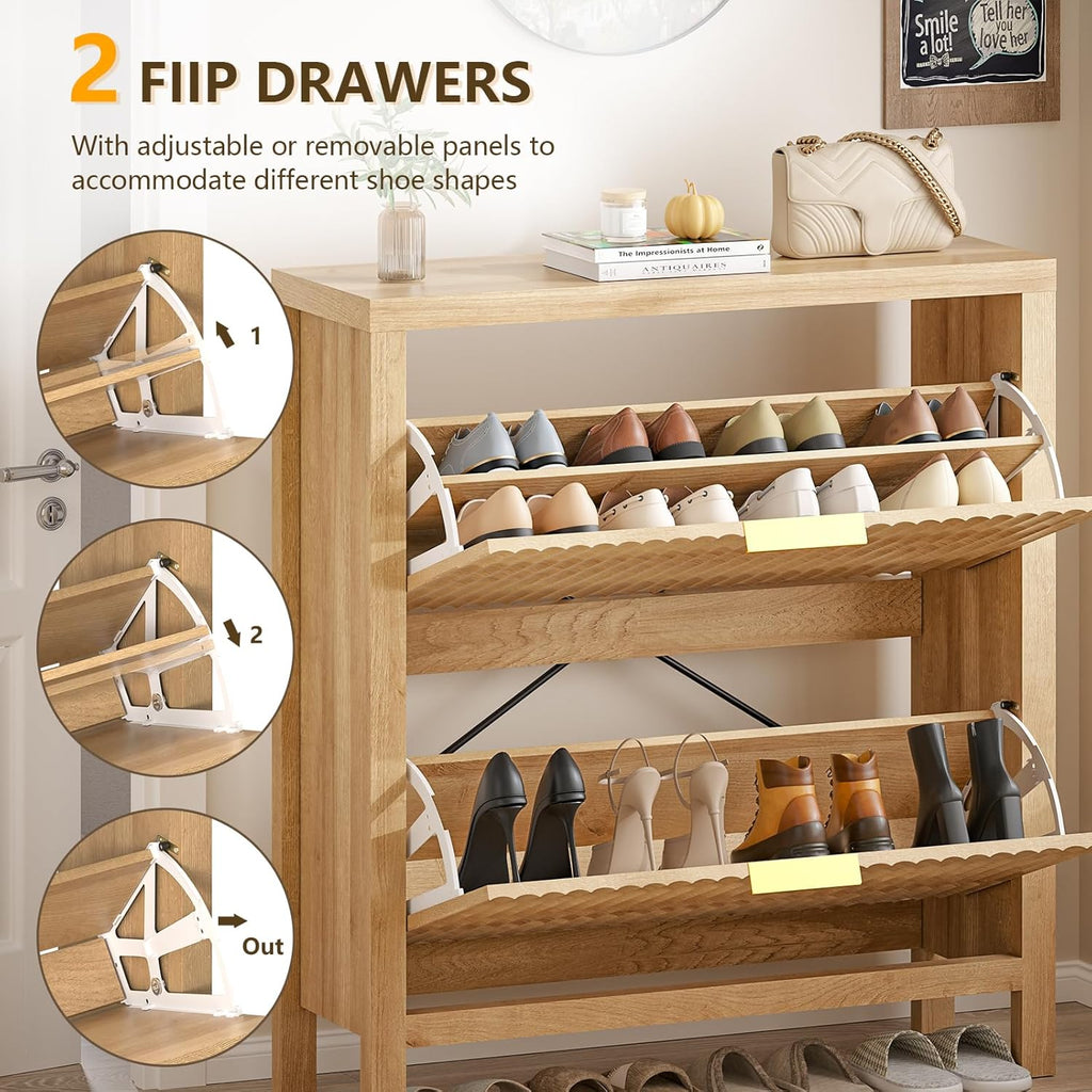 Shoe Cabinet Storage , Fluted Shoe Cabinet with 2 Flip Drawers, Hidden Shoe Rack Tall Freestanding Shoe Organizer