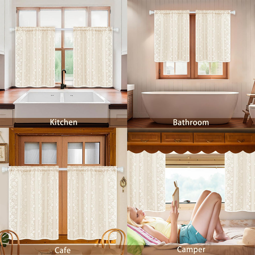 Linen Kitchen Curtains 36 Inch Length, Double Layered Window Curtain 2 Panel Sets Rod Pocket Short Curtains