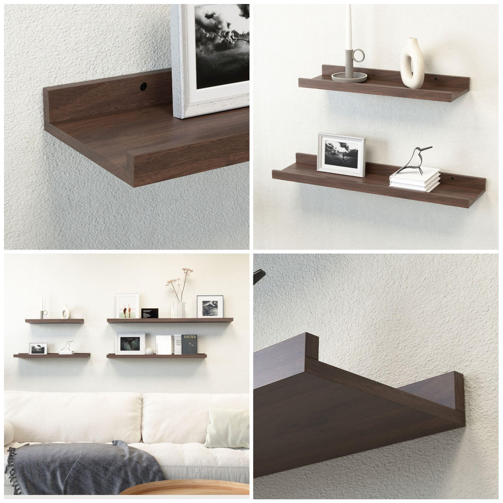 5-Set Floating Shelves with Lip, Walnut Wall Mounted Shelf