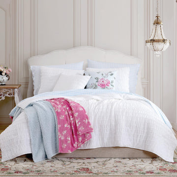 Quilt Set, Reversible Cotton Bedding with Matching Shams, Beautifully Ruched Home Decor for All Seasons (Seren