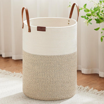 100L Tall Woven Rope Laundry Hamper, Leather Handles, White & Brown | Large Wicker Laundry Basket for Dirty Clothes