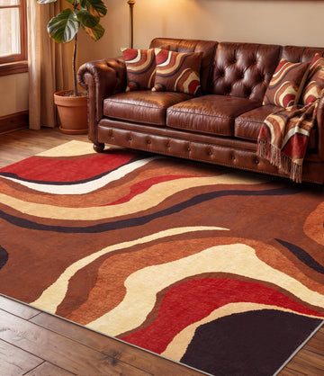 Burnt Orange Rug Washable, Farmhouse Brown Retro Carpets, Geometric Abstract Wavy Rug, Unique Colorful Rugs