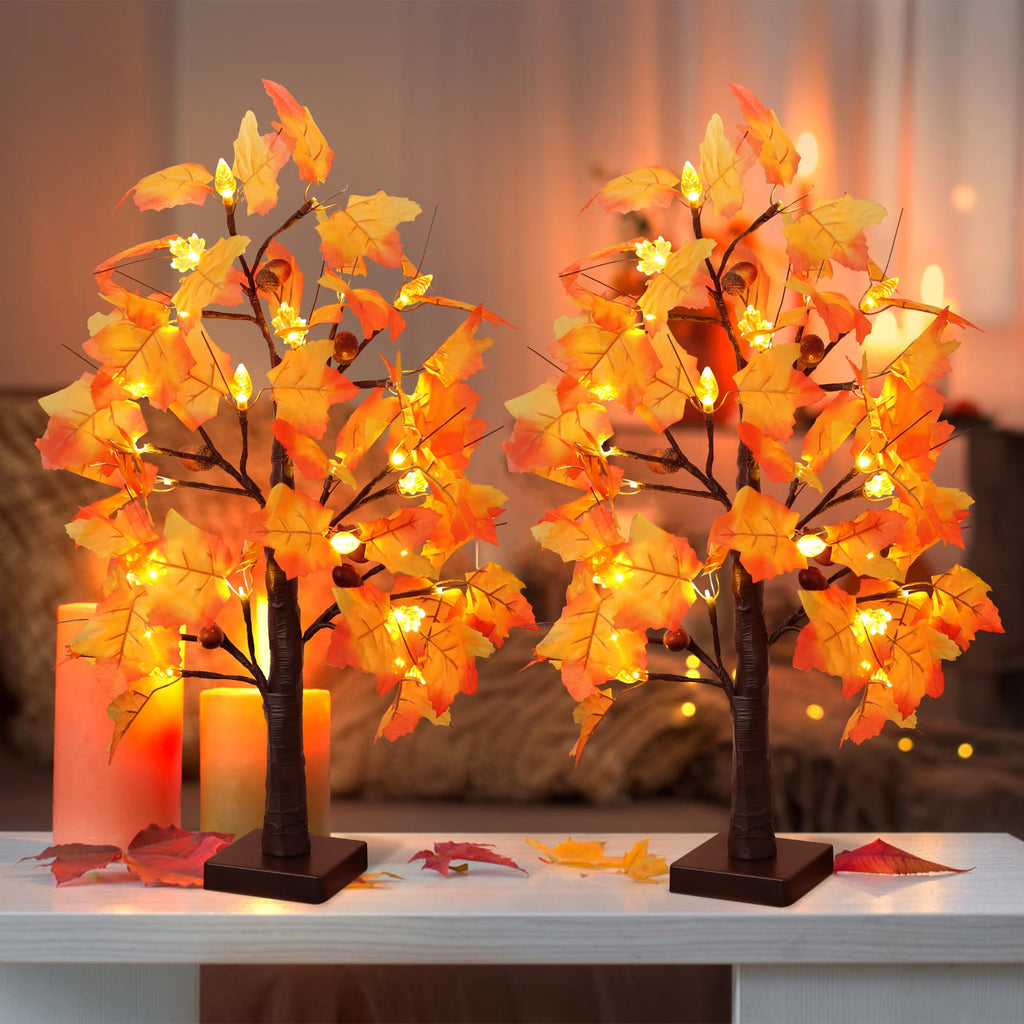 2 Packs 24 Inch Lighted Maple Tree Fall Thanksgiving Decorations with 48 LEDs Timer Battery Operated 3D Acorn Maple