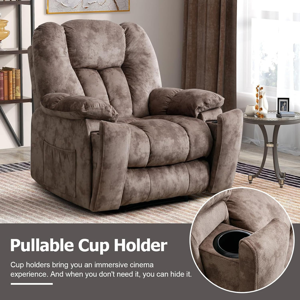 Manual Reclining Chair-Overstuffed Recliner Chair with Cup Holder Side Pocket Footrest Fabric Recliners Bedroom