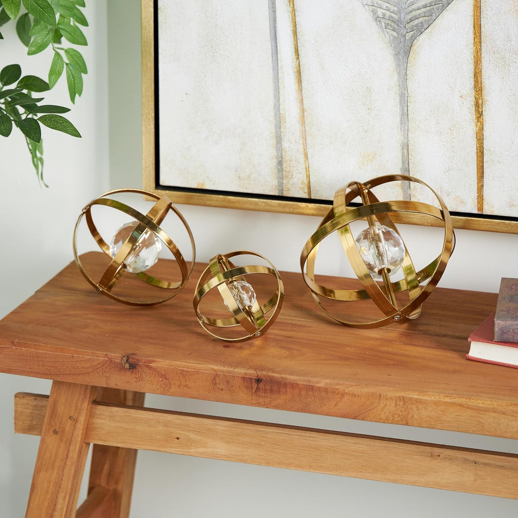 79 Metal Geometric Decorative Sculpture Orb Home Decor Statues with Acrylic Center, Set of 3 Accent Figurines 8", 6"