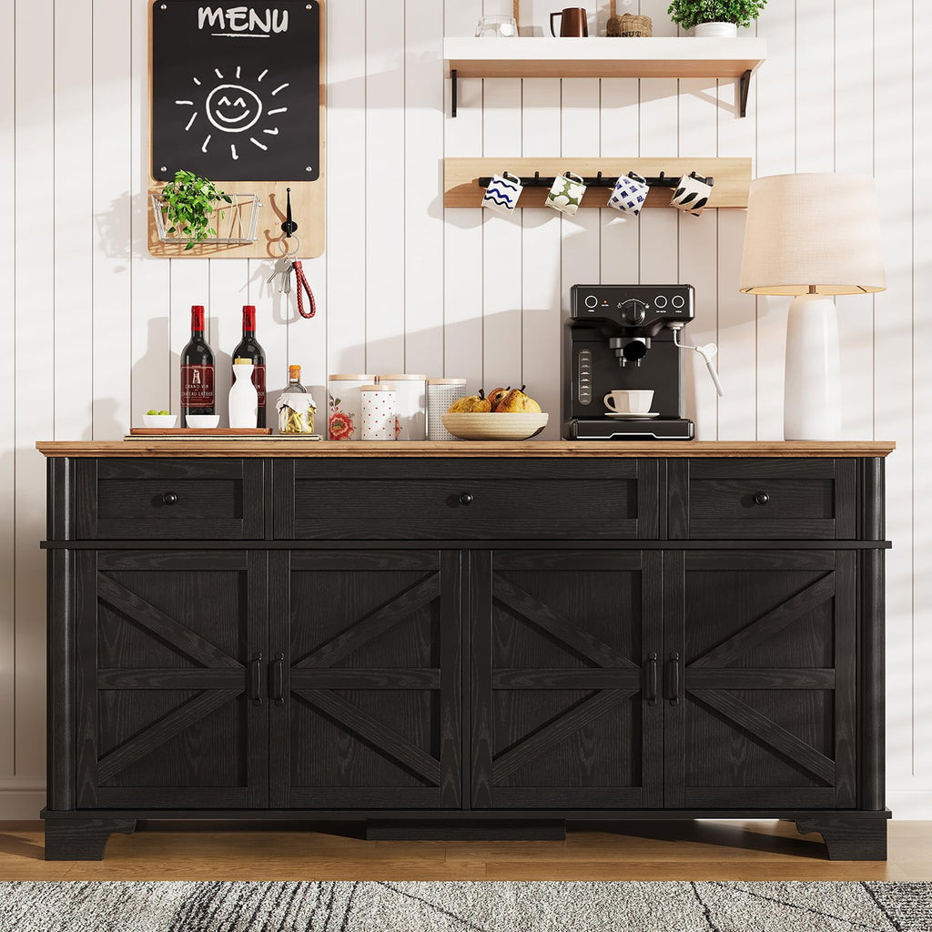 65 Inch Farmhouse Buffet Cabinet with Storage, Black Sideboard Buffet Cabinet with Adjustable Shelves & 3 Drawers