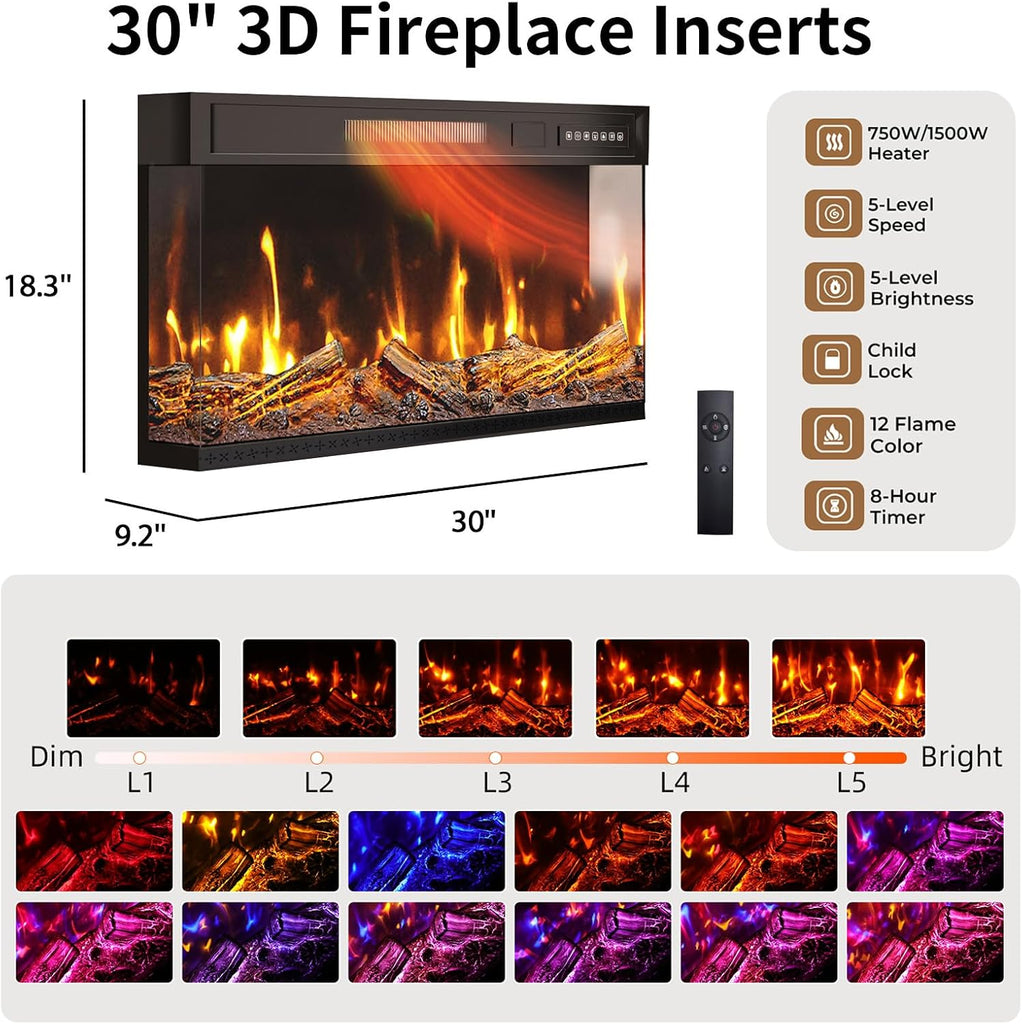 Fireplace TV Stand for TVs up to 75", 3-Sided Electric Entertainment Center with 30" LED Fireplace, Media Console