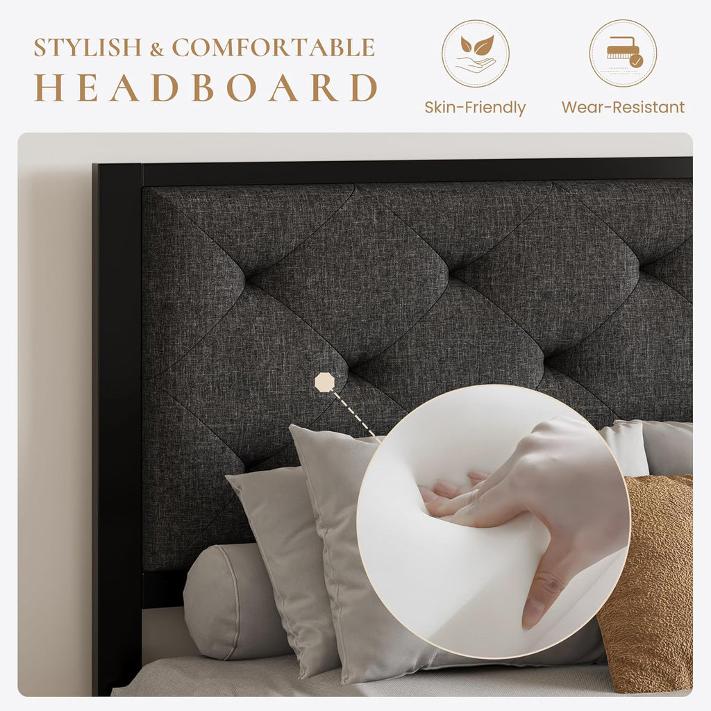 King Metal Platform Bed Frame,Linen Upholstered Button Tufted Headboard
