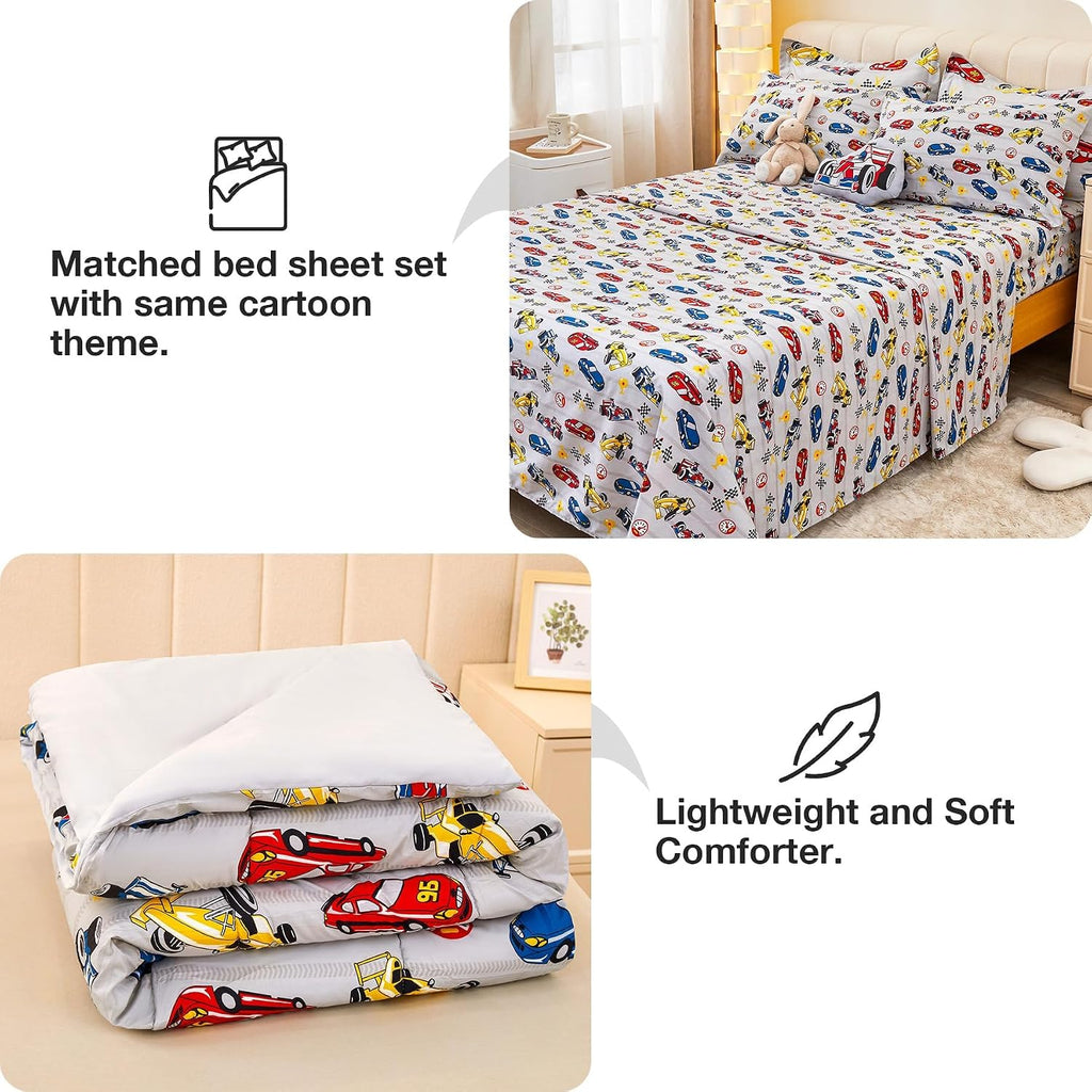 Comforter Sets for Boys Kids, 6 Pieces Bed in a Bag Racing Car Bedding Comforter Sheet Set with Shams and