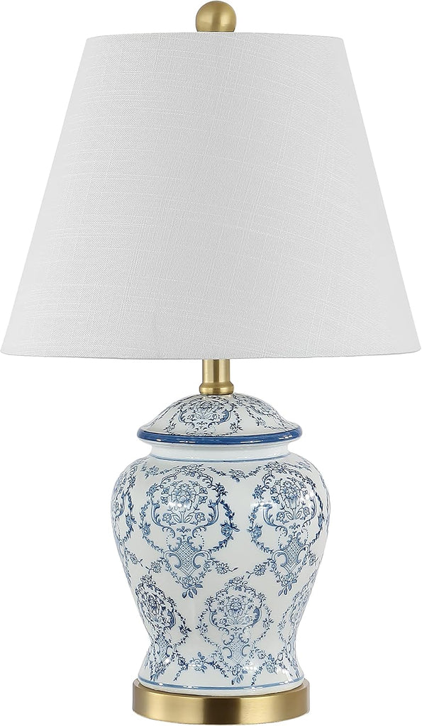 22.25" Blue/White Chinoiserie Ceramic Urn Table Lamp, Traditional Classic Nightstand Lamp Bedroom, White Linen Shade