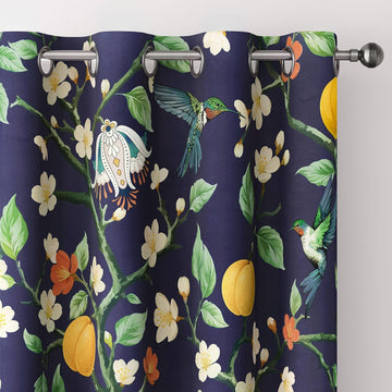 Floral Curtains 100% Blackout, Vintage Hummingbird Black Out Curtain, Patterned Thermal Insulated