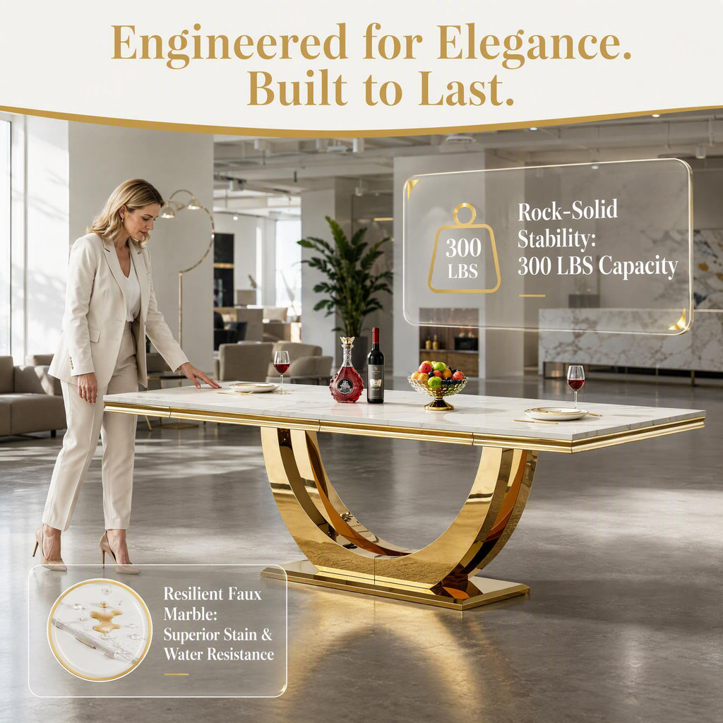 94" Faux Marble Dining Table for 8-10 Gold Stainless Steel Base