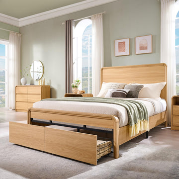 Modern Queen Size Bed Frame with 50" Tall Headboard, Natural Oak
