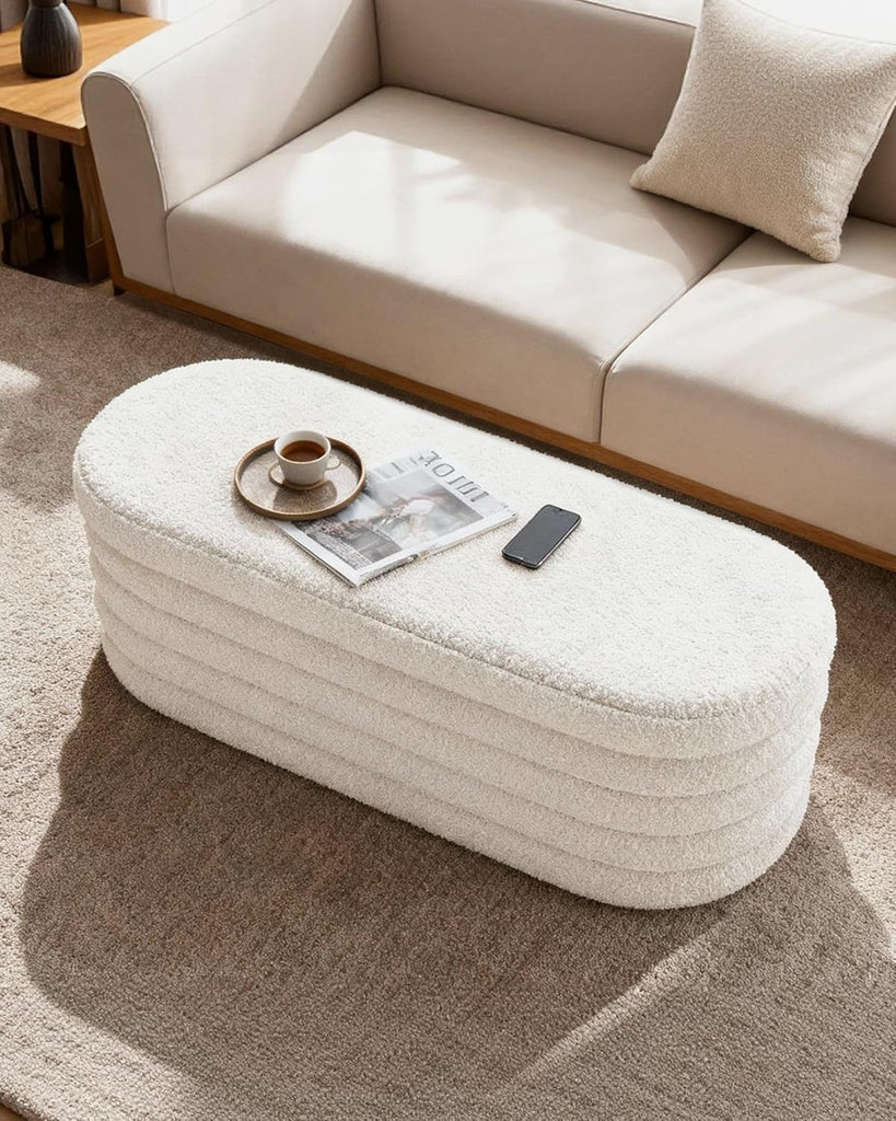 Storage Ottoman Bench, 43" Entryway Shoe Seat, Sherpa White | Upholstered Oval Ottoman with Storage, End of Bed Stool