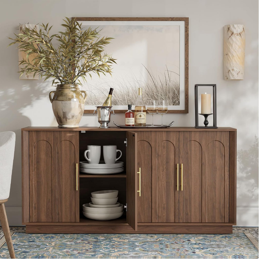 67" Sideboard Buffet Cabinet with Storage, Arched Doors, Walnut | Mid Century Modern Accent Cabinet with Wood Gain