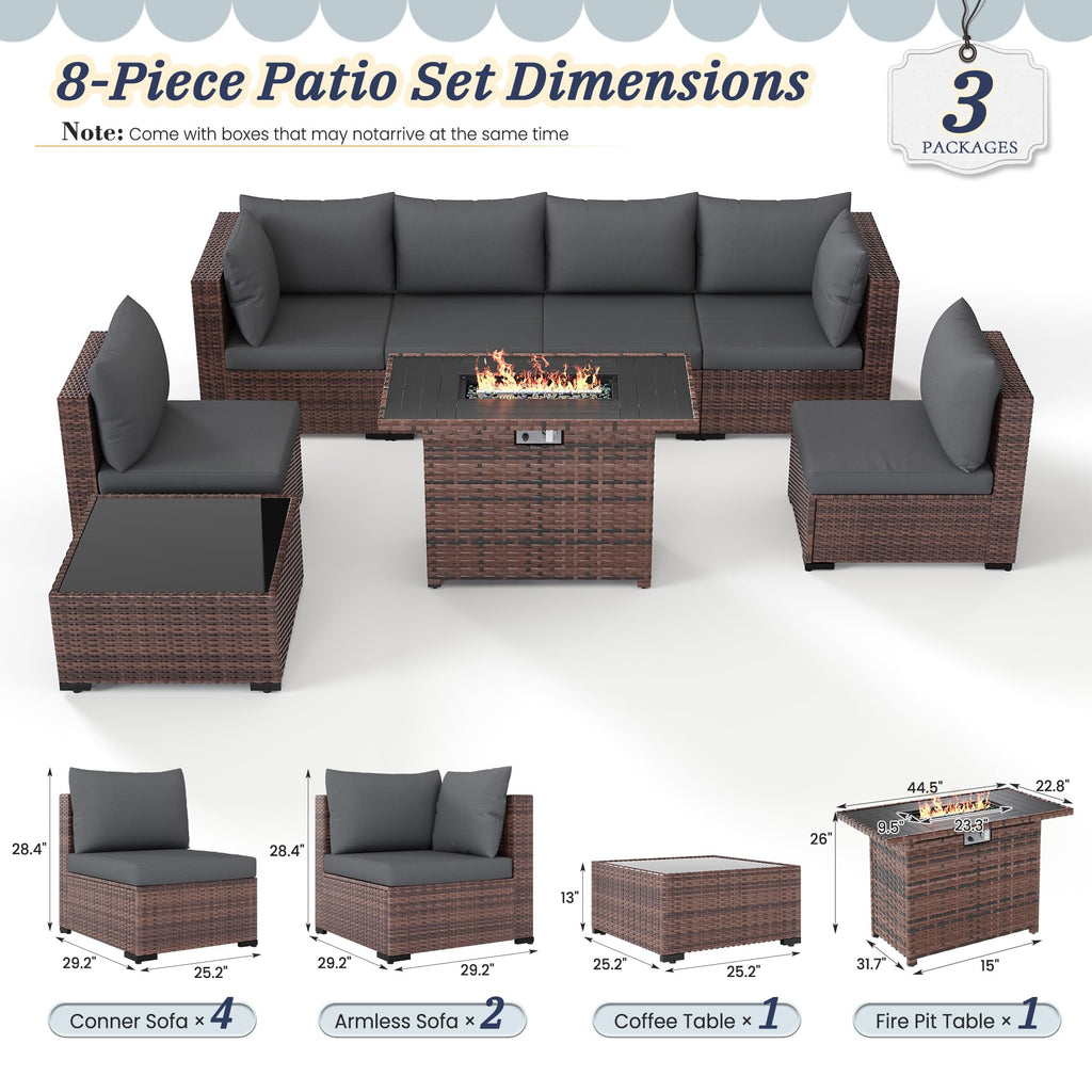 Patio Furniture Set with Fire Pit Table, 8-Piece Wicker Patio Set