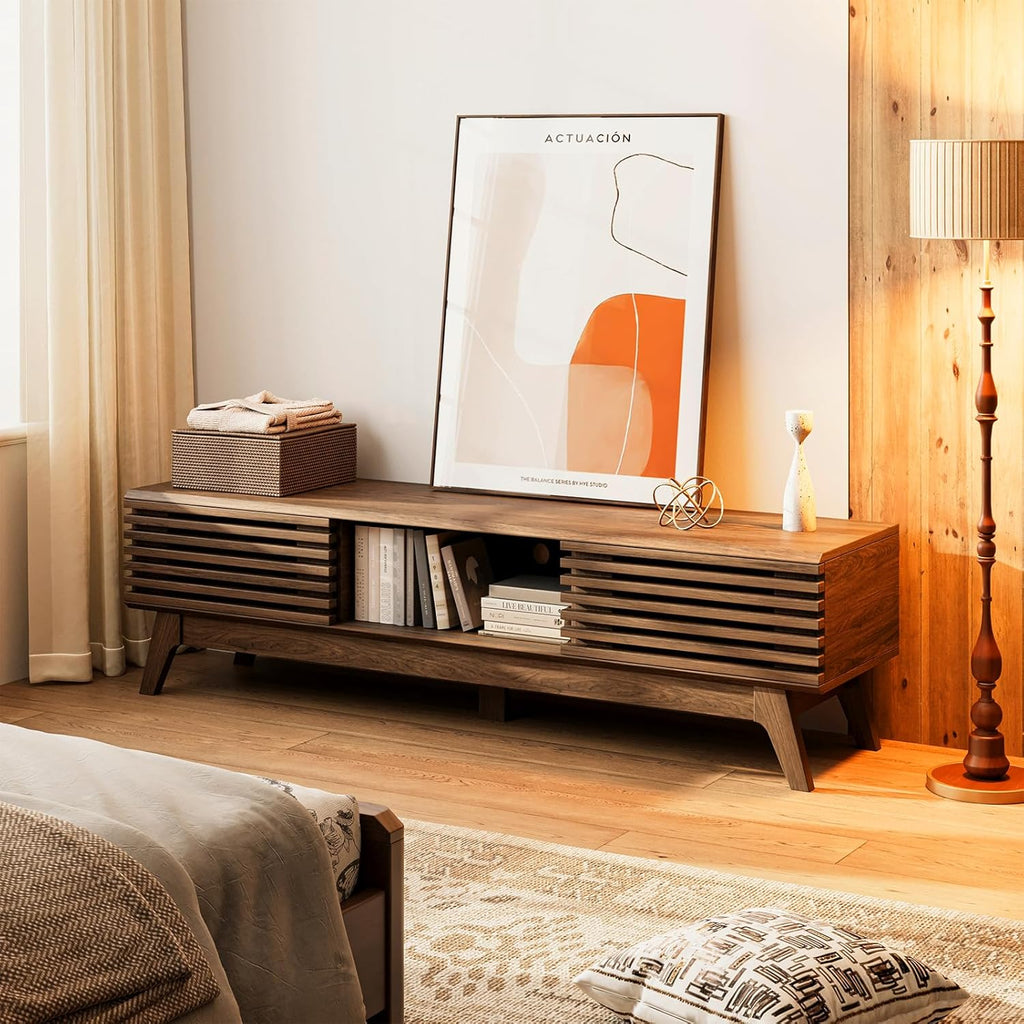 59" TV Stand for 55"/60"/65" TVs, Mid-Century Modern Fluted Entertainment Center with Sliding Doors, Storage Cabinets