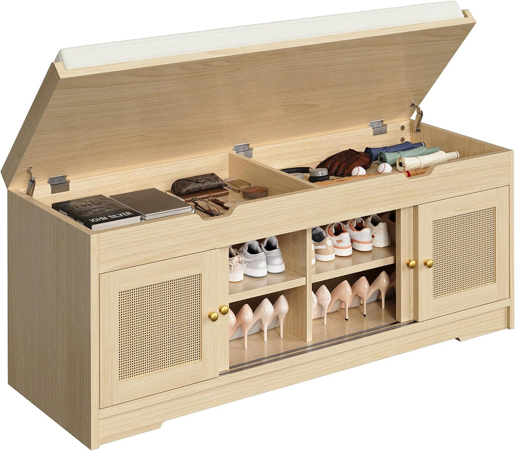 47.2" Shoe Bench with Lift Top Storage, Entryway Bench with Cushioned Seat, 2-Tier Rattan Shoe Cabinet with
