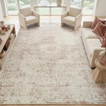 Washable Area Rug 9x12, Non-Slip Backing, Distressed Beige