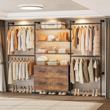 T3 Closet System with Stepless Dimmable LED Light, Industrial Pipe Clothing Rack with 4 Drawers, 6 Wooden Shelves & 4