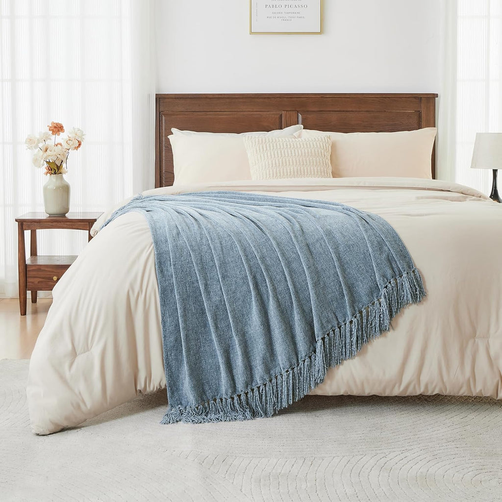 Chenille Throw Blanket, Cozy Plush Fuzzy Decorative Dusty Blue Blanket with Fringe Tassels, Lightweight Throws, 50"X60"