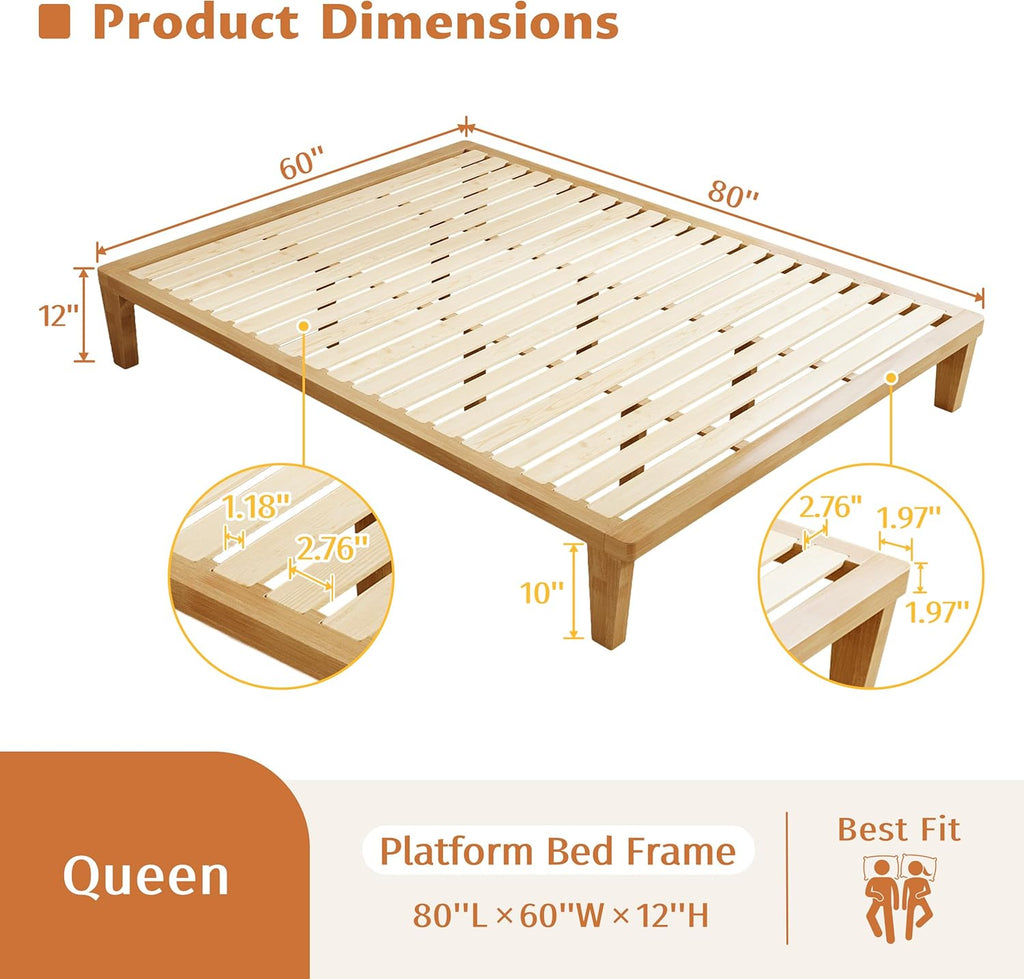 Queen Platform Bed Frame - 12 Inch Solid Wood Mattress Foundation Base with Heavy-Duty Support Slats & Legs