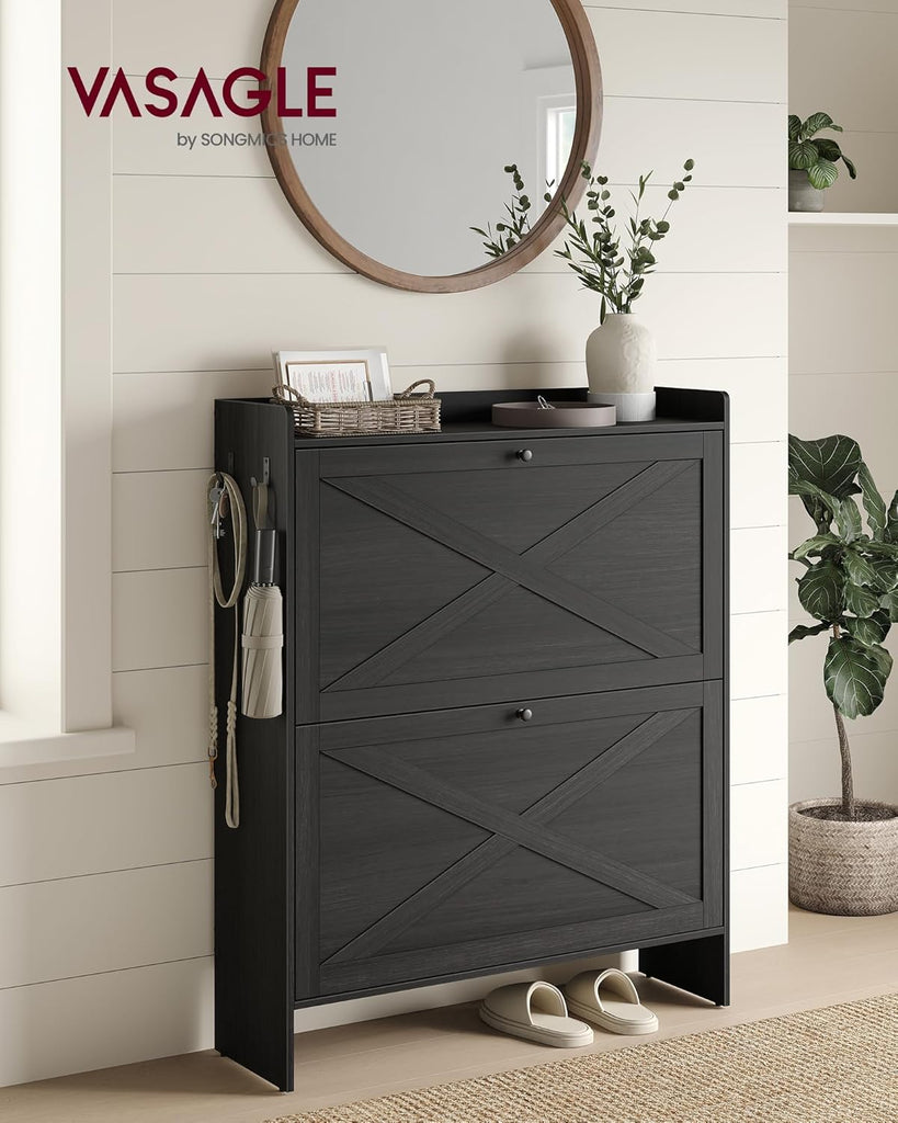 Shoe Storage Cabinet Organizer with 2 Flip Drawers, Freestanding Narrow Shoe Rack Cabinet , Farmhouse Style, Fits 14