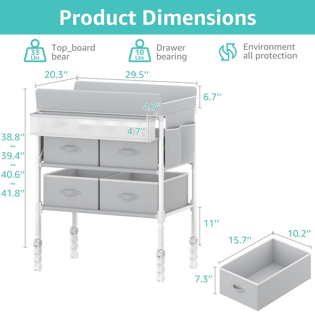 Baby Changing Table with 4 Drawers, Waterproof Diaper Changing Station with Storage, Adjustable Height Baby Changing