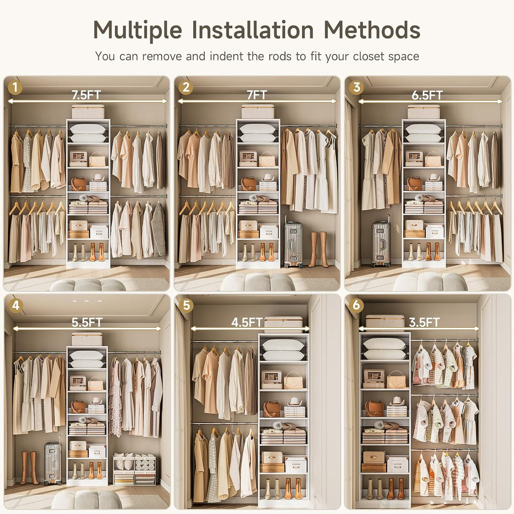 W1 Closet System, 3.5FT-7.7FT Closet Organizer System with 4 Chrome-Plated Telescopic Rods & 6 Adjustable Shelves