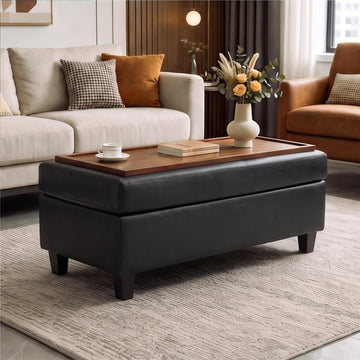 45" Ottoman Coffee Table with Storage, Reversible Wooden Tray Top, Large Storage Ottoman Bench, Leather Upholstered