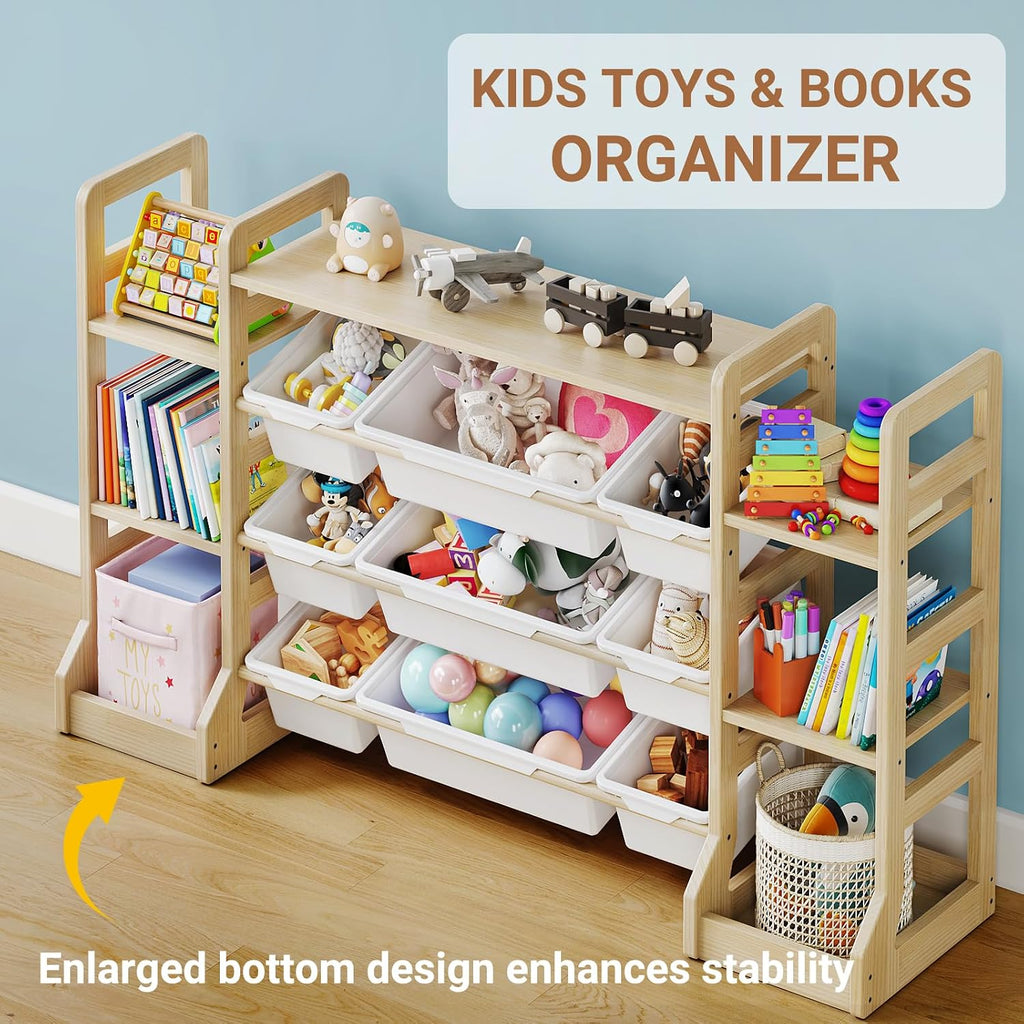 Kids Toy Storage Organizer with Bookshelf, 6 Shelves 9 Bins | Wooden Toy Shelf, Storage Boxes, Extended Base Sturdy