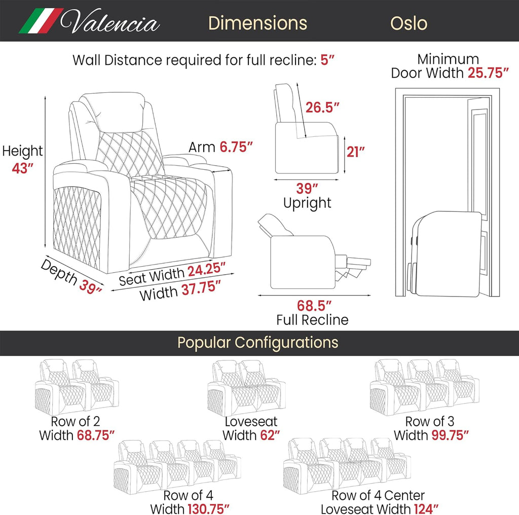 Oslo Home Theater Seating | Premium Top Grain Italian Nappa 11000 Leather, Power Recliner, Power Headrest