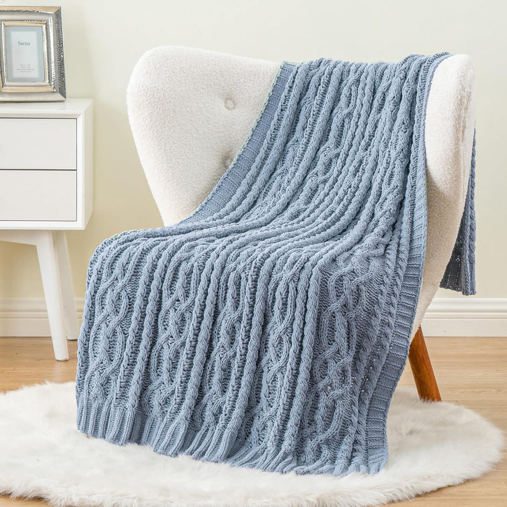 Bluish Grey Throw Blanket,51"x67", Super Soft Warm Cozy Chenille Knit Blankets, Chair, Gift, Texture Decorative Boho