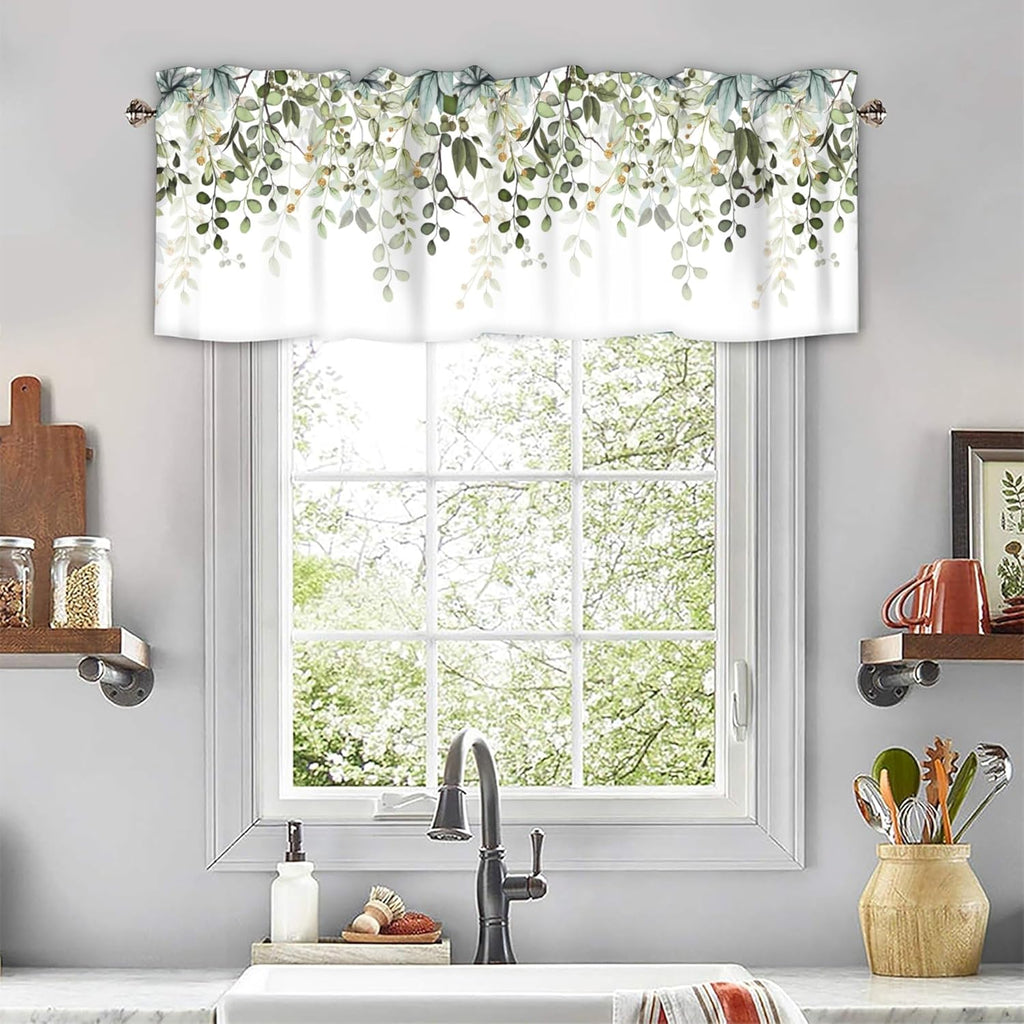 Sage Green Eucalyptus Leaves Curtain Valance for Windows Watercolor Window Treatments 1 Panel Short Curtains
