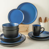 Albie Stoneware 16-Piece Modern Dinnerware Set, Kitchen Plates and Bowls Sets, Service for 4, Blue and Black