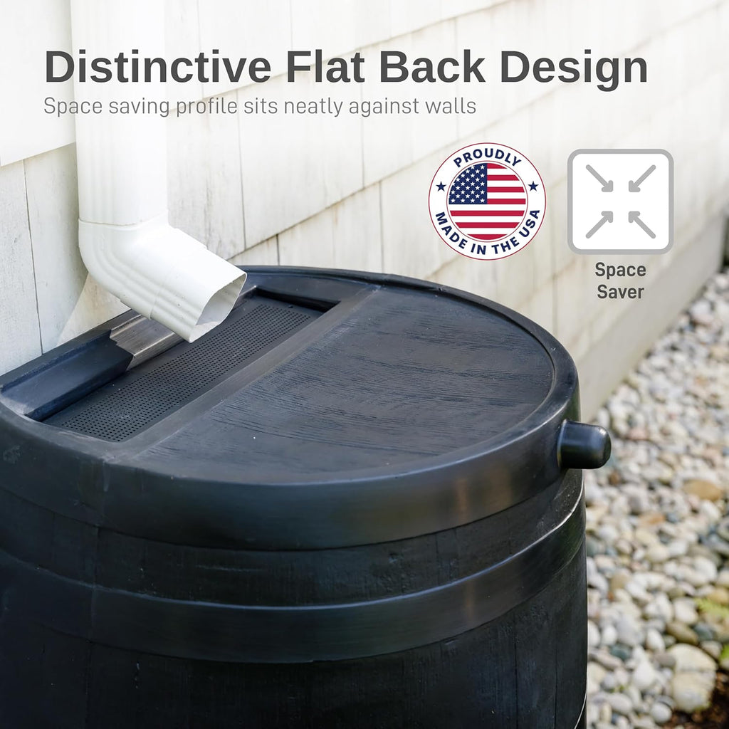 50-Gallon ECO Rain Barrel Made with 100% Recycled Plastic, Flat Back Rain Water Collection Barrel, Stand Included, Black