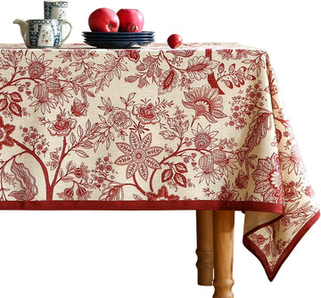 Designer French Linen Table Cloth for Rectangle Table,Red Floral Washable Indoor Tablecloth,Durable 
