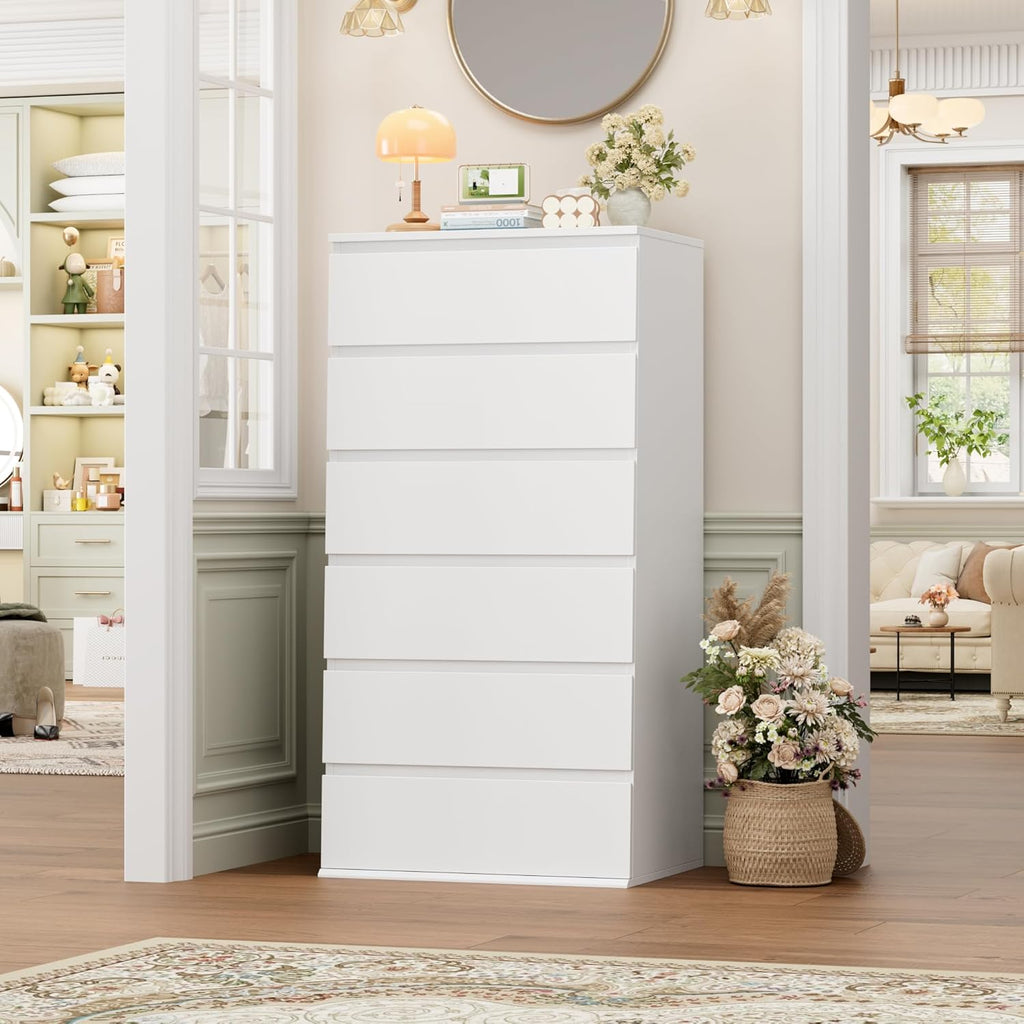 White Dresser, 6 Drawer Dresser, Modern Tall Floor Storage Cabinet with Metal Sliding Rail, Wooden Handleless Drawer