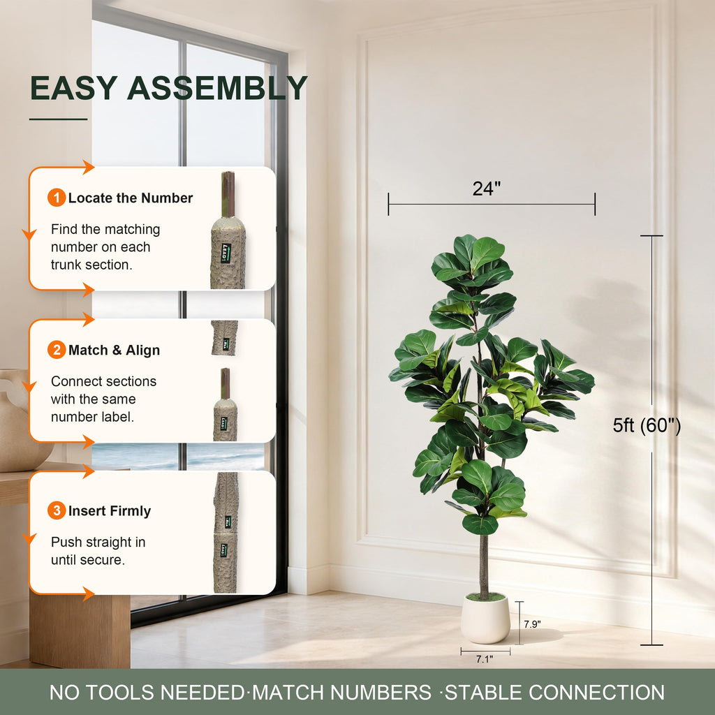 5ft Fiddle Leaf Fig Tree Artificial with White Exquisite Planter