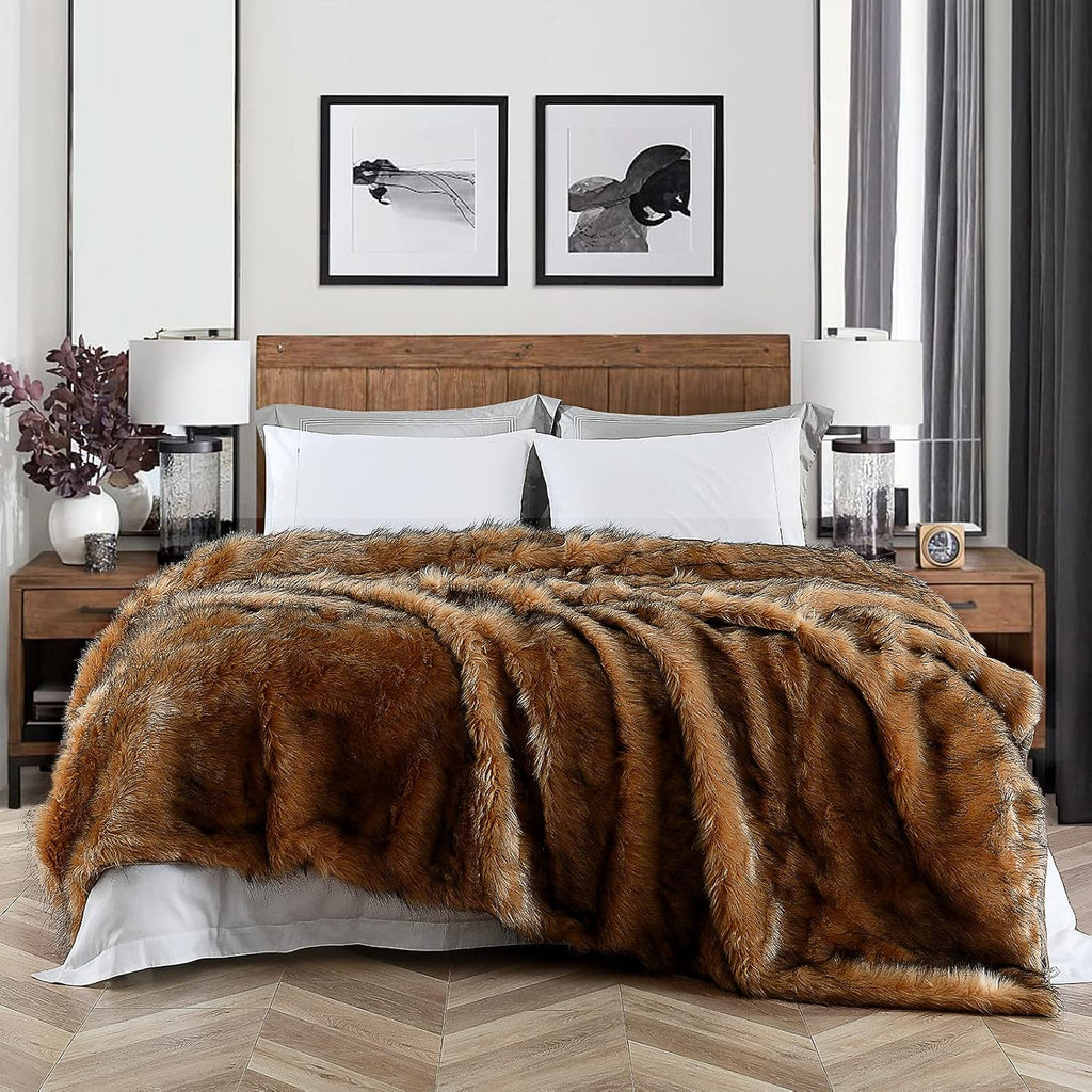 Plush Faux Fur Blanket King Size, Long Pile Brown with Black Tipped Throws, Oversized Super Warm, Fuzzy, Elegant