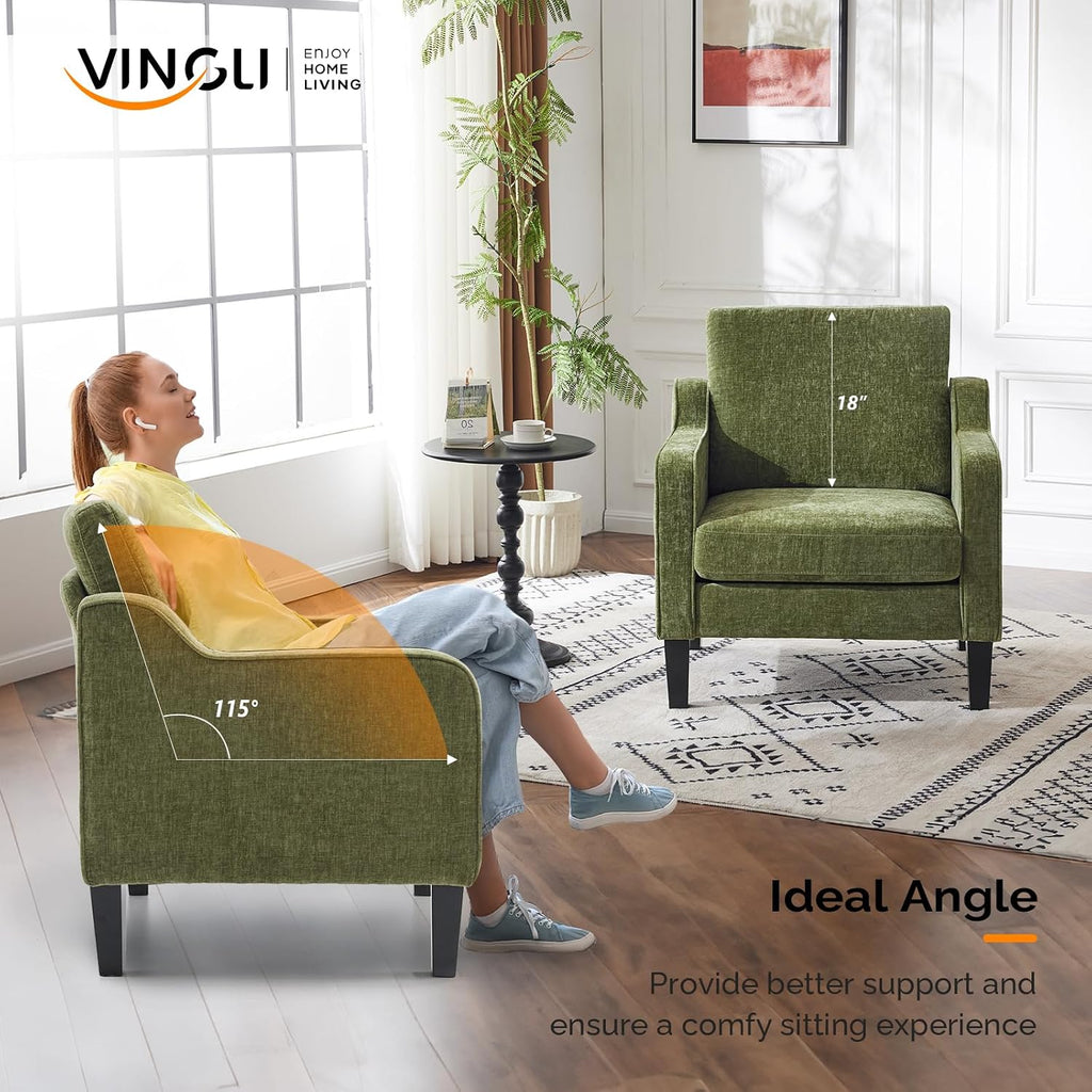 Chair Olive Green Upholstered Chenille Accent Chair , Mid-Century Modern Arm Chair Comfy Reading Chair with Scooped