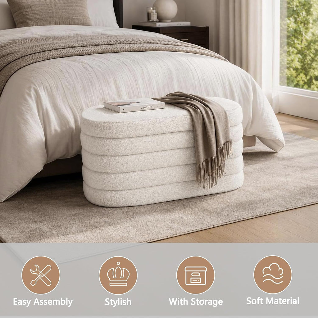 Oval Storage Ottoman Bench, 30 Inches Entryway Shoe Seat | Upholstered Ottoman with Storage, End of Bed Stool Blanket