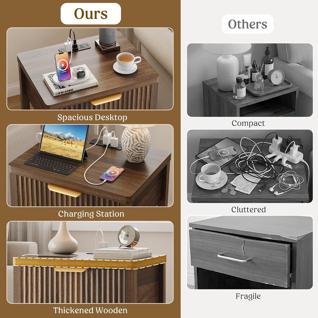 Night Stand Set 2, Fluted Nightstand with Charging Station, Wood Modern Bedside End Table with Storage Drawer , Save