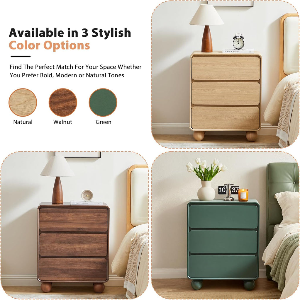 Wooden Night Stand wth 3 Drawer Dresser Mid Century Modern End Table Chest of Drawers, Solid Wood Legs & Curved