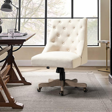 Modern Tufted Armless Home, Comfy Upholstered Desk Chair with Vintage Wood Base, Height Adjustable Swivel Computer