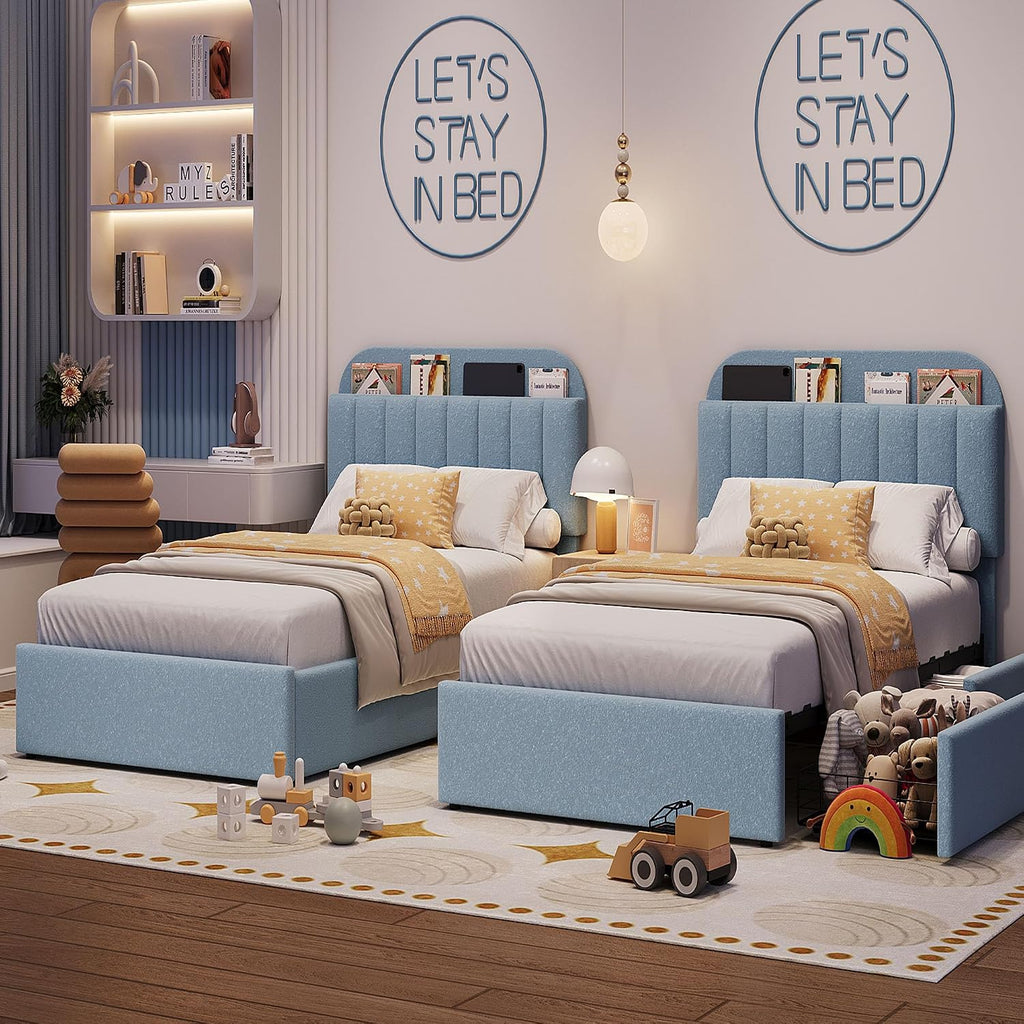 Twin Bed Frame for Kids, Boucle Upholstered Platform Bed for Boys with 2 Flexible Drawers, Bookcase Headboard
