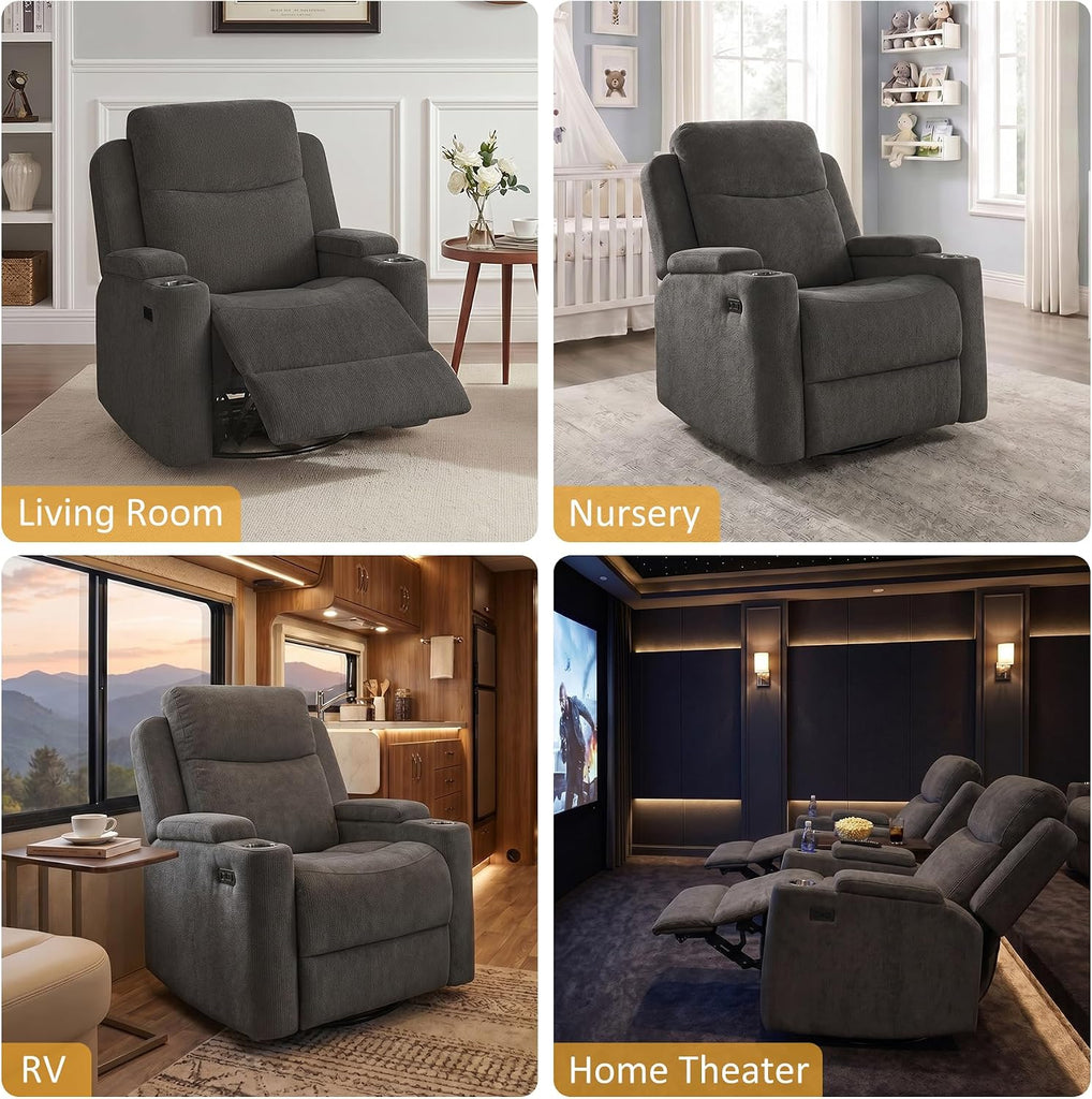 Power Nursery Glider Rocking Chair, Comfy Chenille Grey | 270° Swivel, USB & Type-C Ports, Cup Holder & Armrest