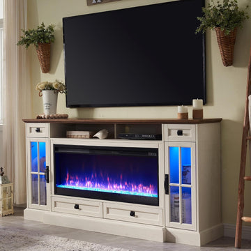 Fireplace TV Stand for 80 Inch TV, Farmhouse Entertainment Center with 42" Fireplace & LED Lights, Modern Media