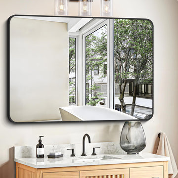 Bathroom Mirror 30" X 40", Large Rectangular Wall Mirror, Black Metal Framed Rounded Corner Wall Mounted Mirror